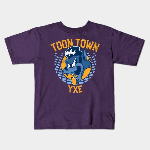 Saskatoon Toon Town Yxe - Blue & Yellow Cat-Dog Kids T-Shirt by Stooned in Stoon